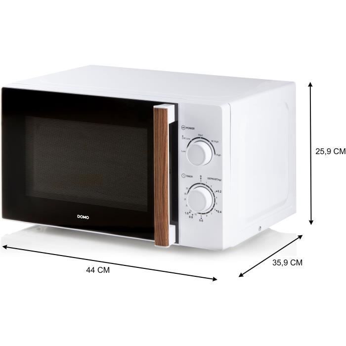 Horno microondas DOMO DO2720 - 20 L - 700 W - Temporizador de 35 minutos - Función de descongelación - 44 x 35,8 x 25,8 cm (ancho x profundidad x alto) - Blanco con acabado de madera