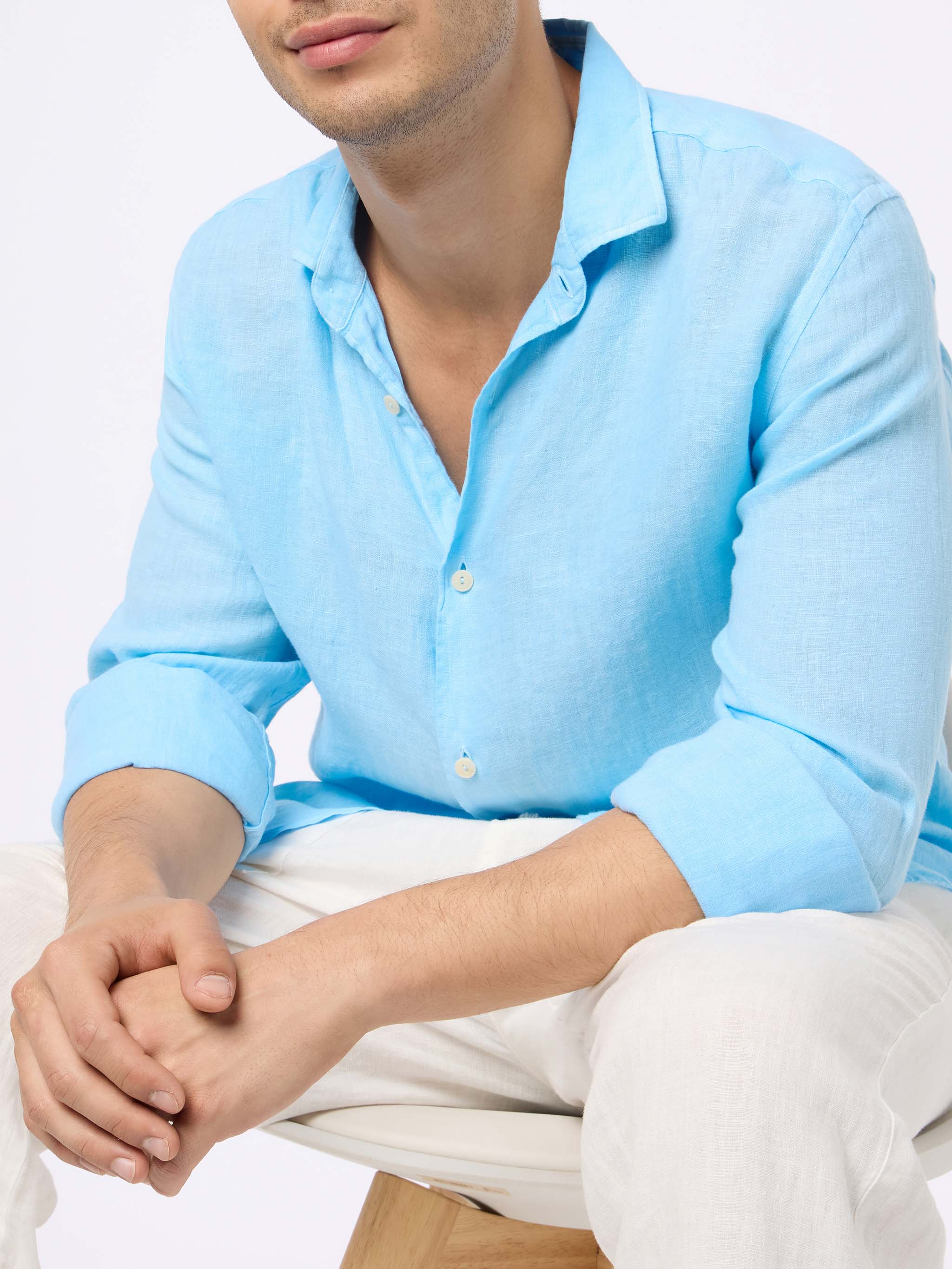 Pamplona Men's Linen Shirt | Light Blue | Garment-Dyed | French Collar | Regular Fit | 100% Linen | MC2 Saint Barth