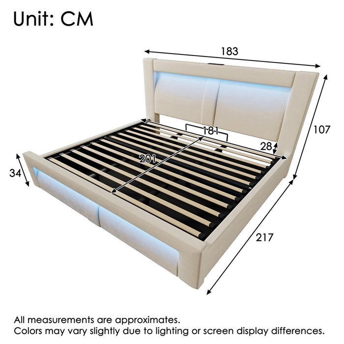 Lit coffre rembourré 180x200 cm, Lit double avec rangement, APP-Control LED, USB et Type-C, Tête de lit incurvée, Velours, Beige