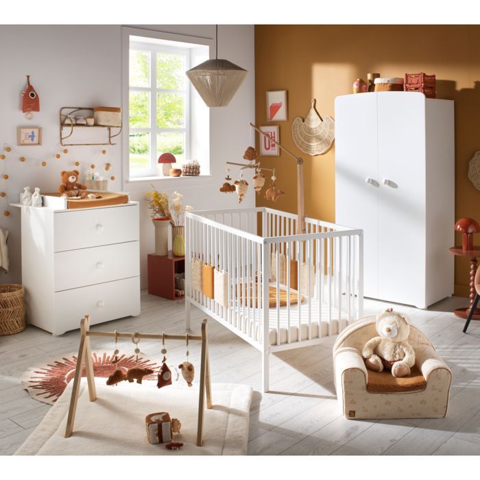 Complete Basic baby bedroom set, 120x60cm cot with bars, 3-drawer changing table and 2-door wardrobe - ball knobs - BASIC
