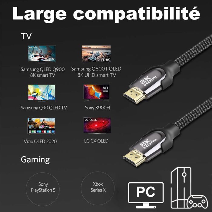 HDMI 2.1-Kabel, 8K, 4K, 120 Hz, Ultra HD, eARC, HDR, Blu-ray, 48 Gbit/s, 2 m, 3D-Unterstützung für Switch, PS5, TV und Monitor