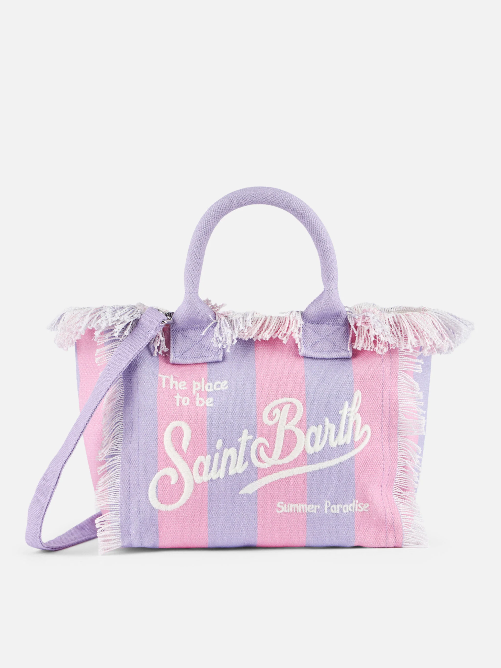 Colette Cotton Canvas Fringed Handbag - Pink & Lilac Striped Print with Saint Barth Embroidered Logo & Zip Pocket | MC2 Saint Barth