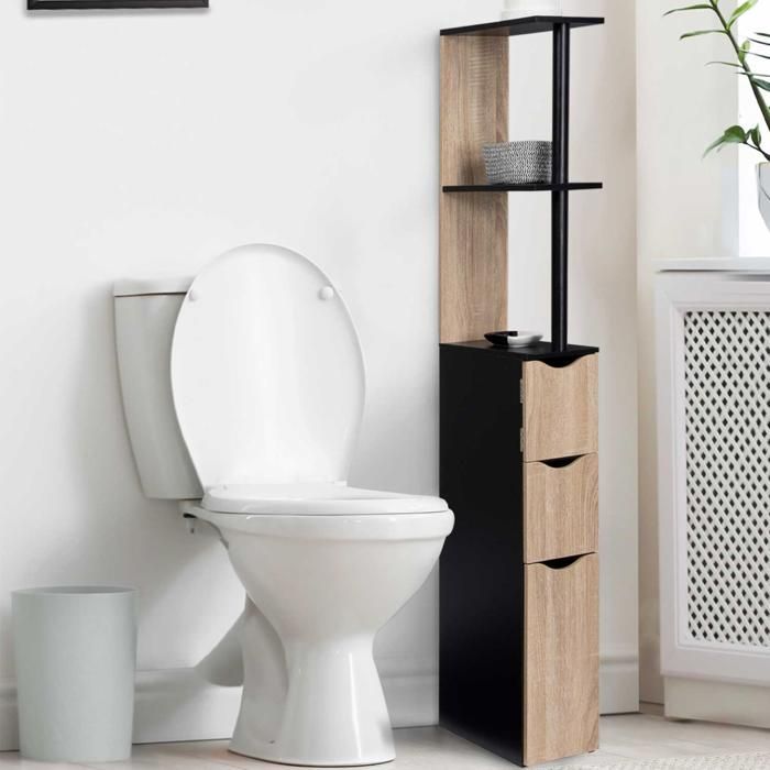 IDMARKET WILLY 3-Door Bathroom Cabinet with Shelf, Black and Beech Wood