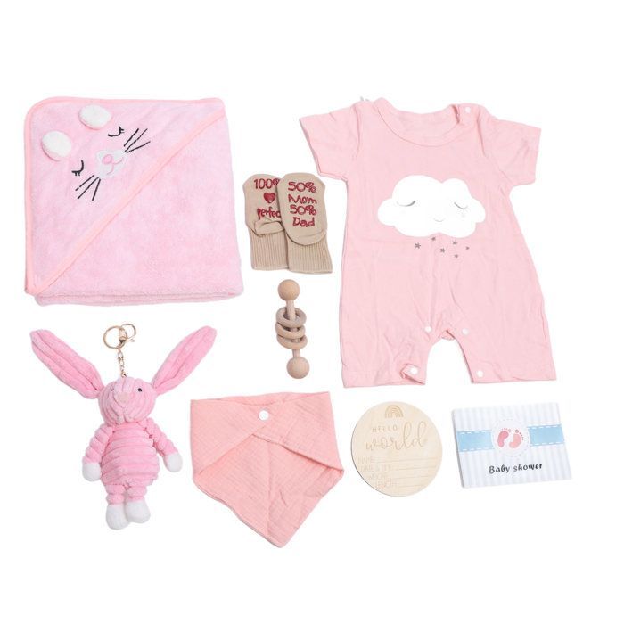 Cesto regalo per baby shower SALALIS, cesto regalo per baby shower con vestiti, bambola di legno, set per la cameretta, rosa
