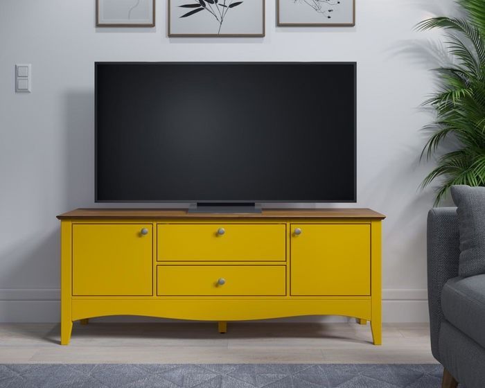 Elisa tv-meubel met 3 deuren en 1 lade, geel en licht hout