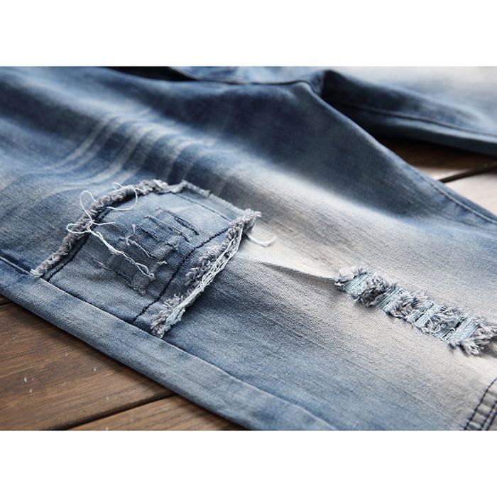 Men's Regular Fit Fashion Ripped Patch Jeans - Blue - INSFITY - Standard Size - 100% Cotton