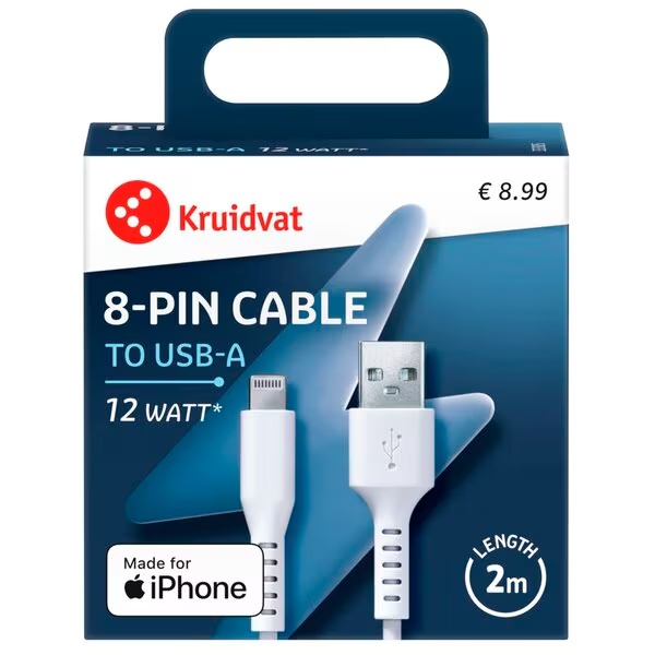 Nabíjací kábel Kruidvat s 8 kolíkmi, biely, 2 m