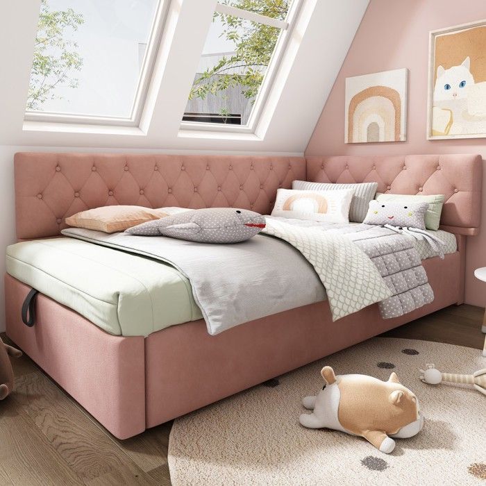 Lit Enfant Lit banquette 90x190 convertible hydraulique rose - Rangement, sommier lattes bois, velours - Enfant, ado, sans matelas