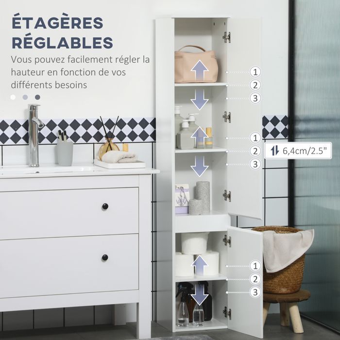Bathroom storage column unit - Kleankin - 2 cupboards, 3 adjustable shelves - wood - 30x28x152.5cm - white