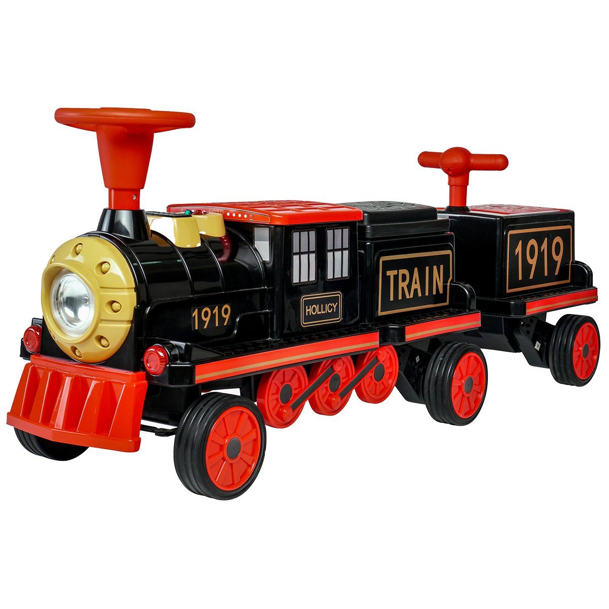 Carrinho elétrico infantil Actionbikes Motors, trenzinho elétrico infantil com reboque, capacidade de carga 60 kg (2 unidades), 3 lugares - buzina e música - partida suave - 2 motores de 12 V
