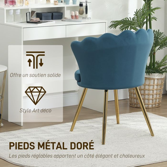 Sillón HOMCOM con forma de concha, silla de tocador en terciopelo con patas de metal dorado para sala de estar, dormitorio y comedor, azul