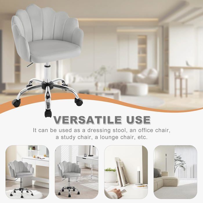 Silla de oficina giratoria WOLTU de terciopelo, silla de vestir con respaldo de pétalos, altura ajustable, gris claro W0ATT0398