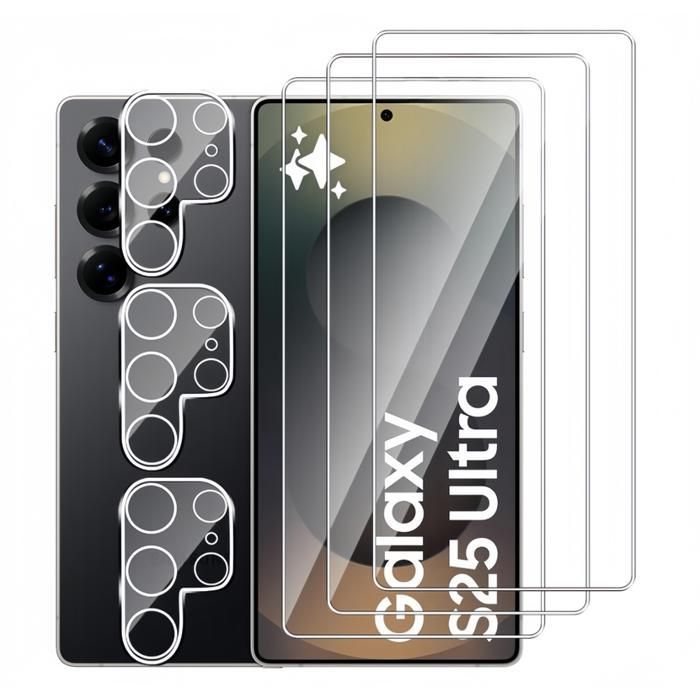 Pack of 3 Tempered Glass Screen Protectors for SAMSUNG GALAXY S25 ULTRA + 3 Tempered Glass Rear Camera Lens Protectors