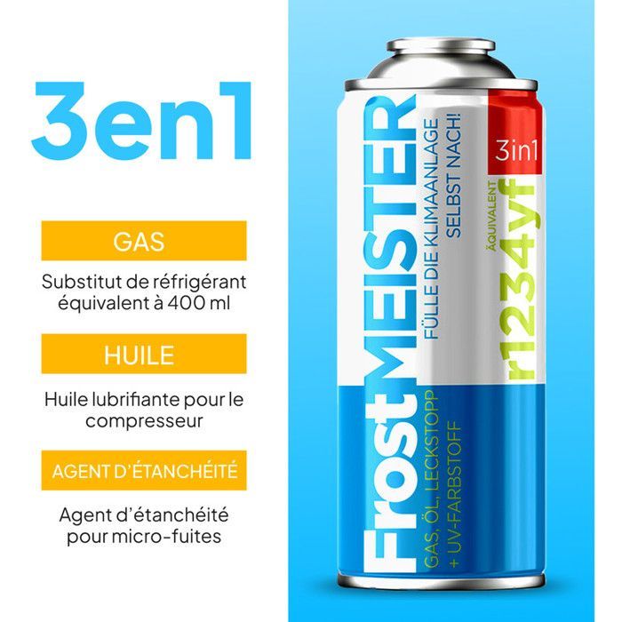 Car Air Conditioning Recharge Kit R134a/R12 - FROSTMEISTER 3in1 - 3x235g - Refrigerant Gas - Car Air Conditioning Recharge Spray