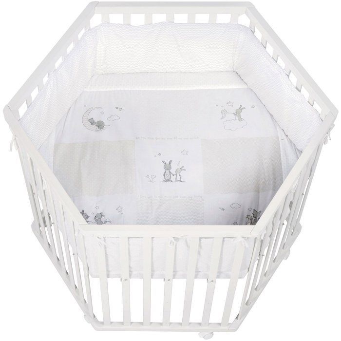Parque infantil hexagonal - ROBA - ZORRO Y CONEJO - Desde el nacimiento hasta los 15 kg - Ajustable - Ruedas - Lacado en blanco