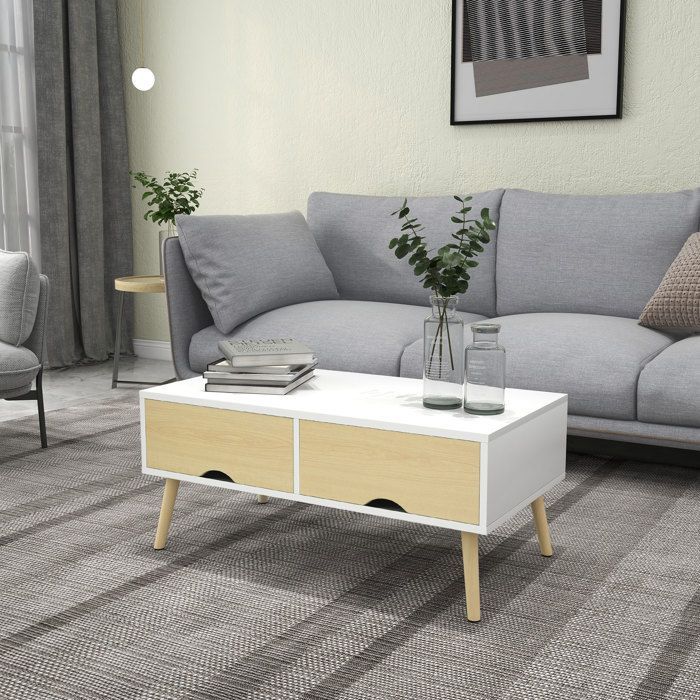 Mesa de centro rectangular con 2 cajones y 1 compartimento, 90x48x39 cm, blanco natural.