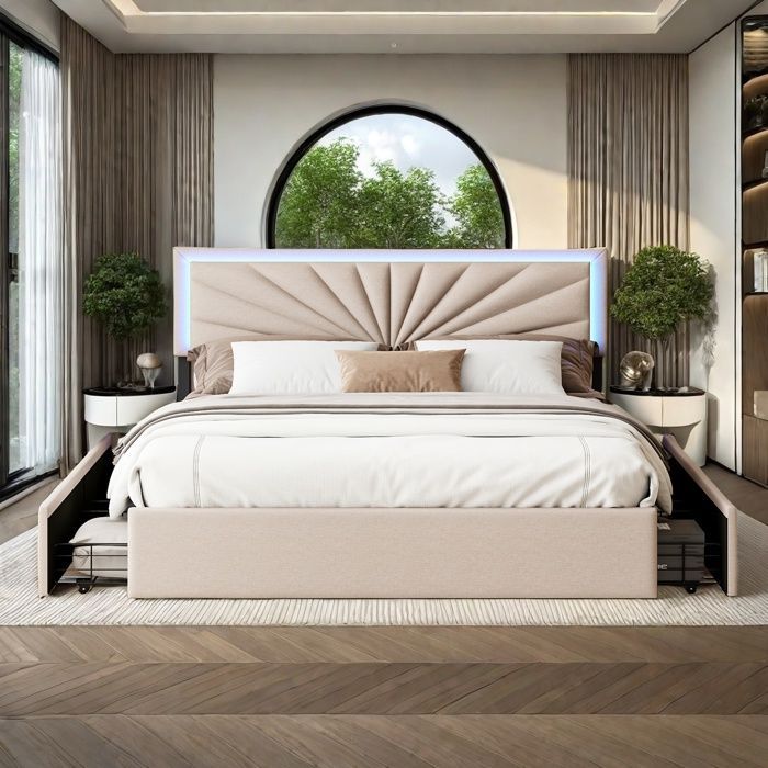 Lit double 160 x 200 cm avec LED et 4 tiroirs, lit capitonné avec tête de lit réglable, sommier à lattes, tissu en lin, beige