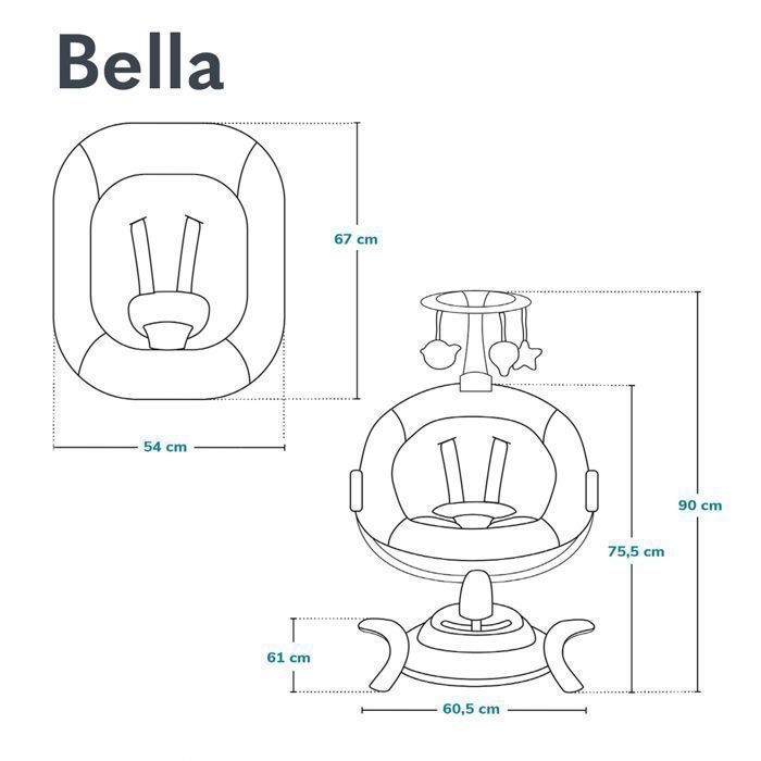 LIONELO Bella 360° Elektrisk Babygynge - Fjernbetjening - Letvægts - 12 Melodier - 6 Gyngetilstande - Legetøjsbjælke