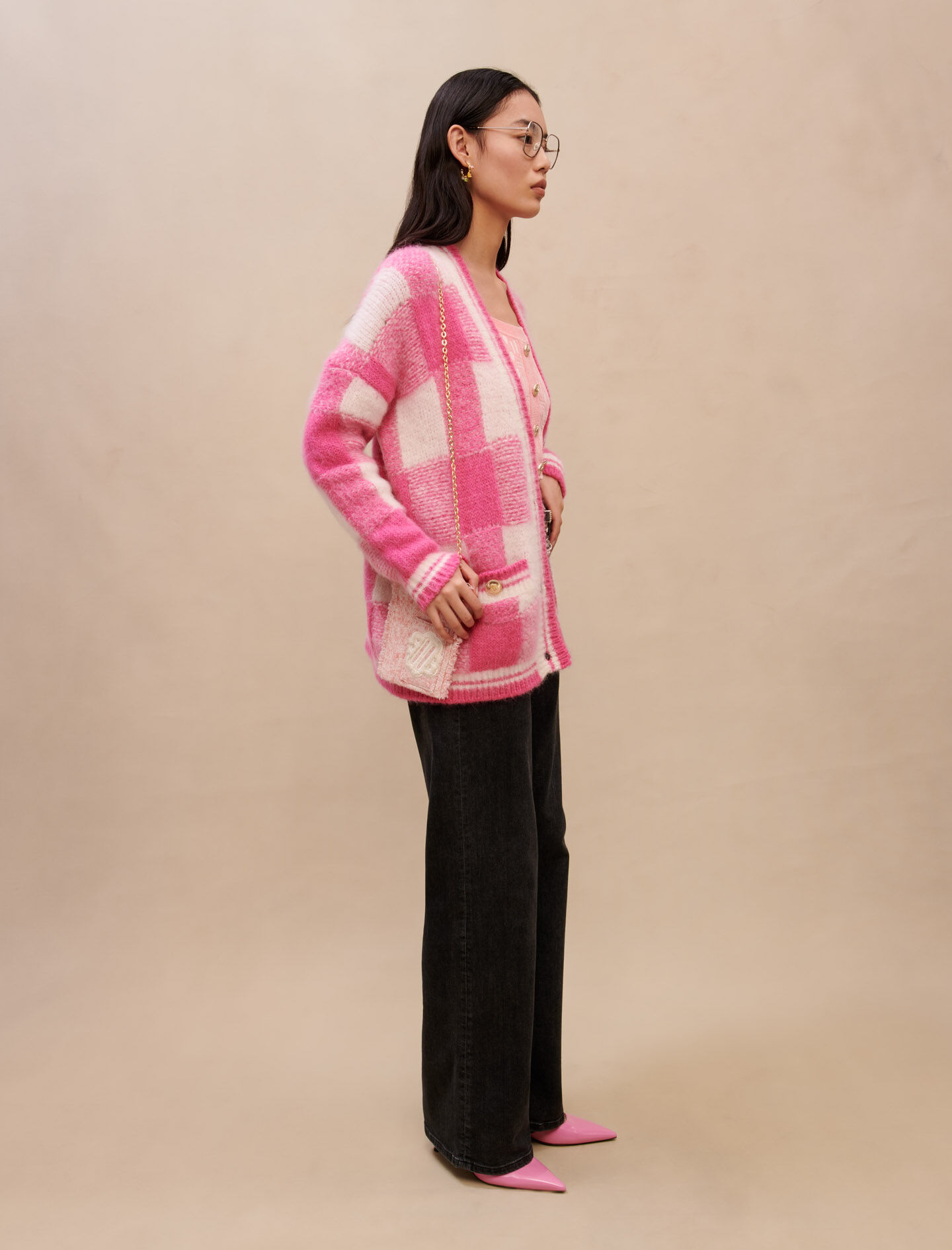Geruite jacquard cardigan - Rose Fluo/Blanc