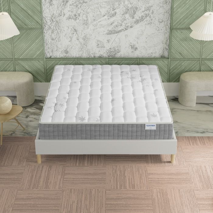 Colchón y base de cama (140x200cm) - Galicia. Muelles ensacados y espuma viscoelástica, 25cm de grosor + Base de cama de madera estable, tejido blanco.