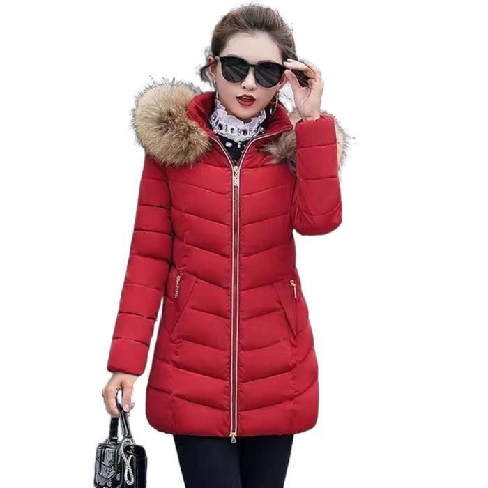 Doudoune Femme - LEOCLOTHO - Rouge - Capuche Amovible - Fausse Fourrure