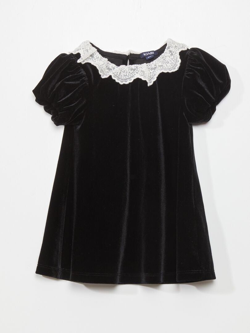 Vestido de veludo com gola de tule bordada - preto