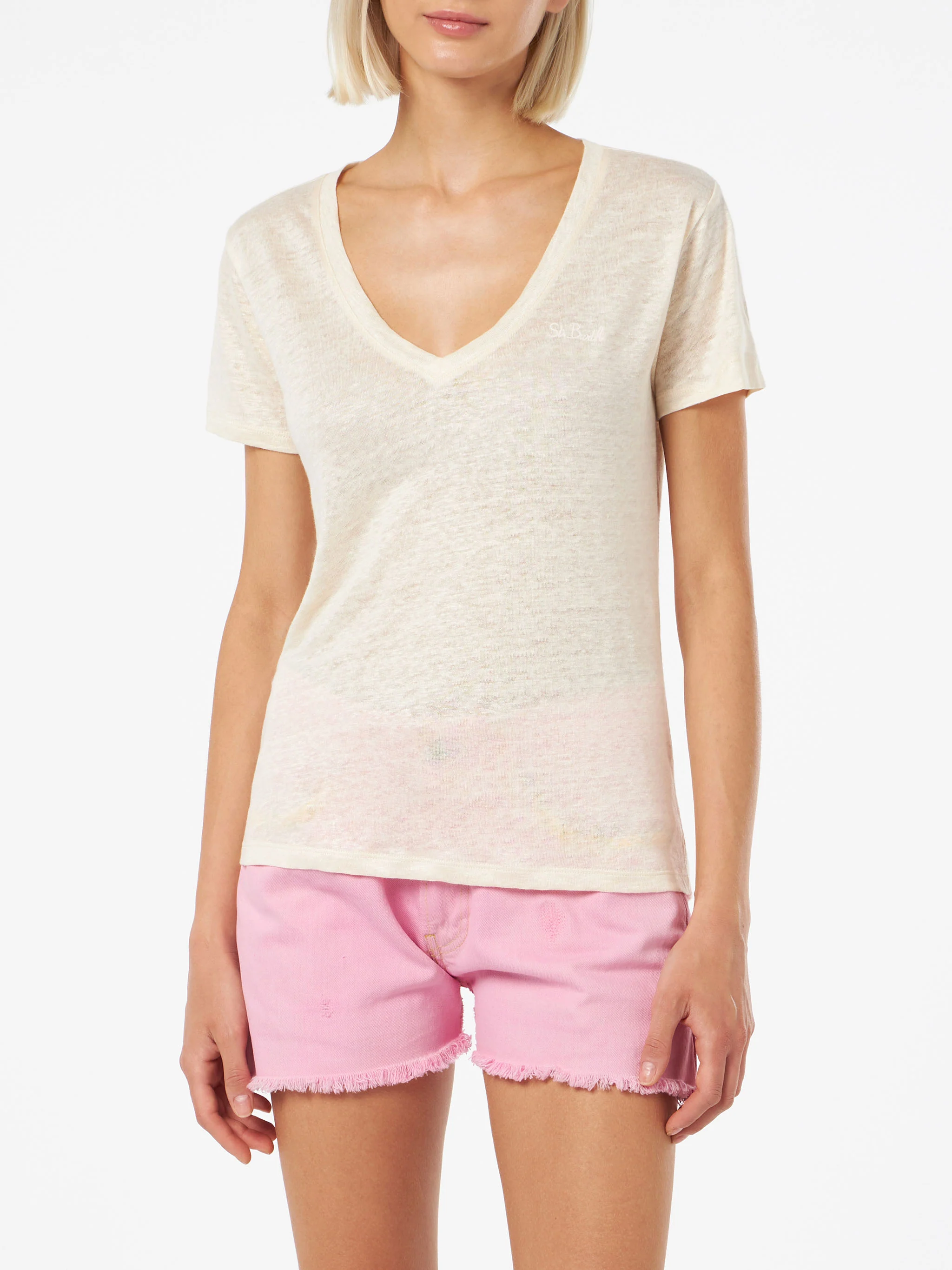 Eloise off-white T-shirt met V-hals van linnenjersey