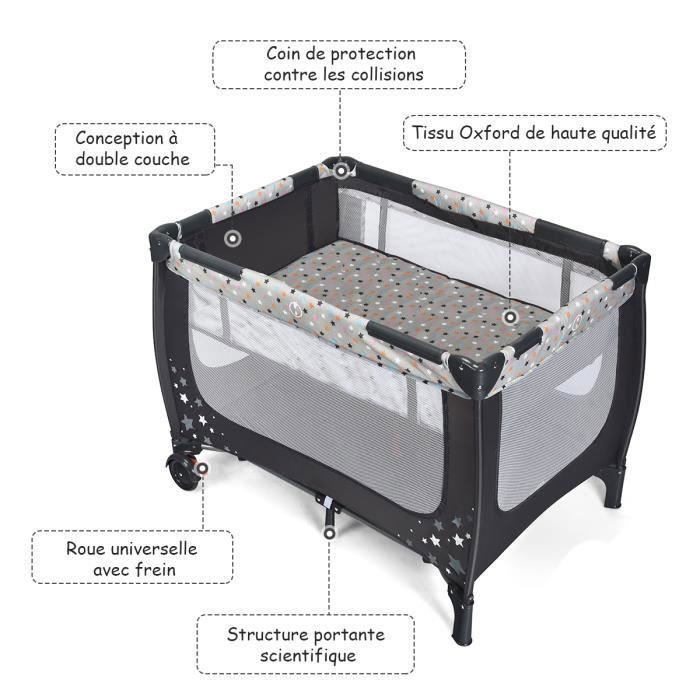 Lit Bébé 3 en 1 De la naissance à 3 Ans COSTWAY avec Matelas,Sac de Transport-Pliage Facile-2 Roulettes 15KG 125 x 65 x 76CM-Gris