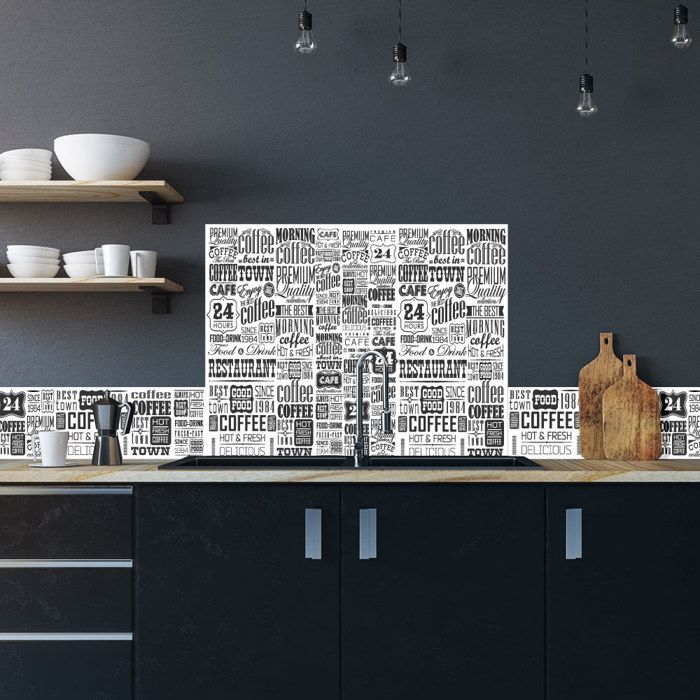 Crédence Coffee Café en aluminium adhesive autocollante - 60 cm x 70 cm - Noir et blanc - Face arrière autocollante - Fond de hotte