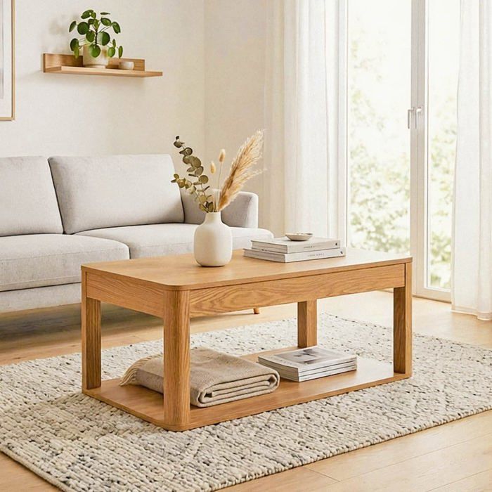 CALICOSY - Table basse avec 2 plateaux rectangulaires effet bois L90 cm - CELIA - Bois clair