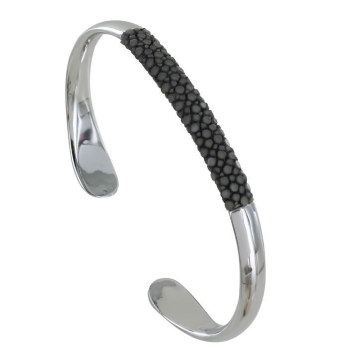 Les Poulettes Bijoux - Classics Classics Half Bangle Bracelet in Rhodium-Plated Brass and Shagreen - Grey
