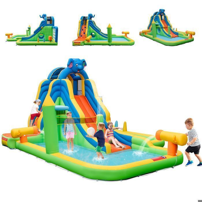 Château Gonflable 9 en 1 DREAMADE avec Toboggan, Mur d'Escalade, Piscine à Balles, Charge 90kg, en Forme Éléphant