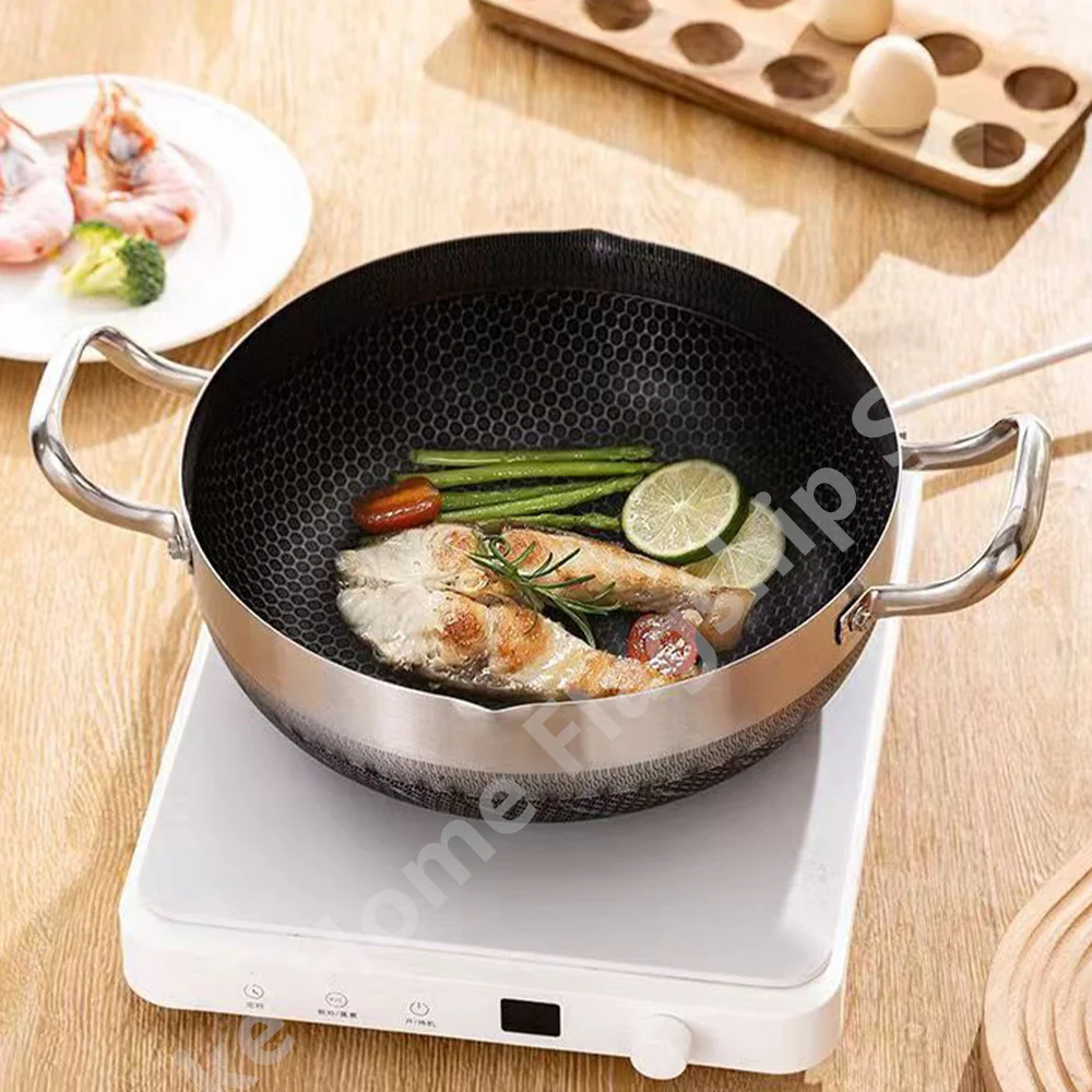 Wok en acier inoxydable 316, 30 cm, antiadhésif, compatible induction et gaz, ustensile de cuisine durable.