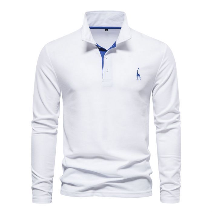 Men's Long Sleeve Polo Shirt Autumn Embroidered Pattern - White