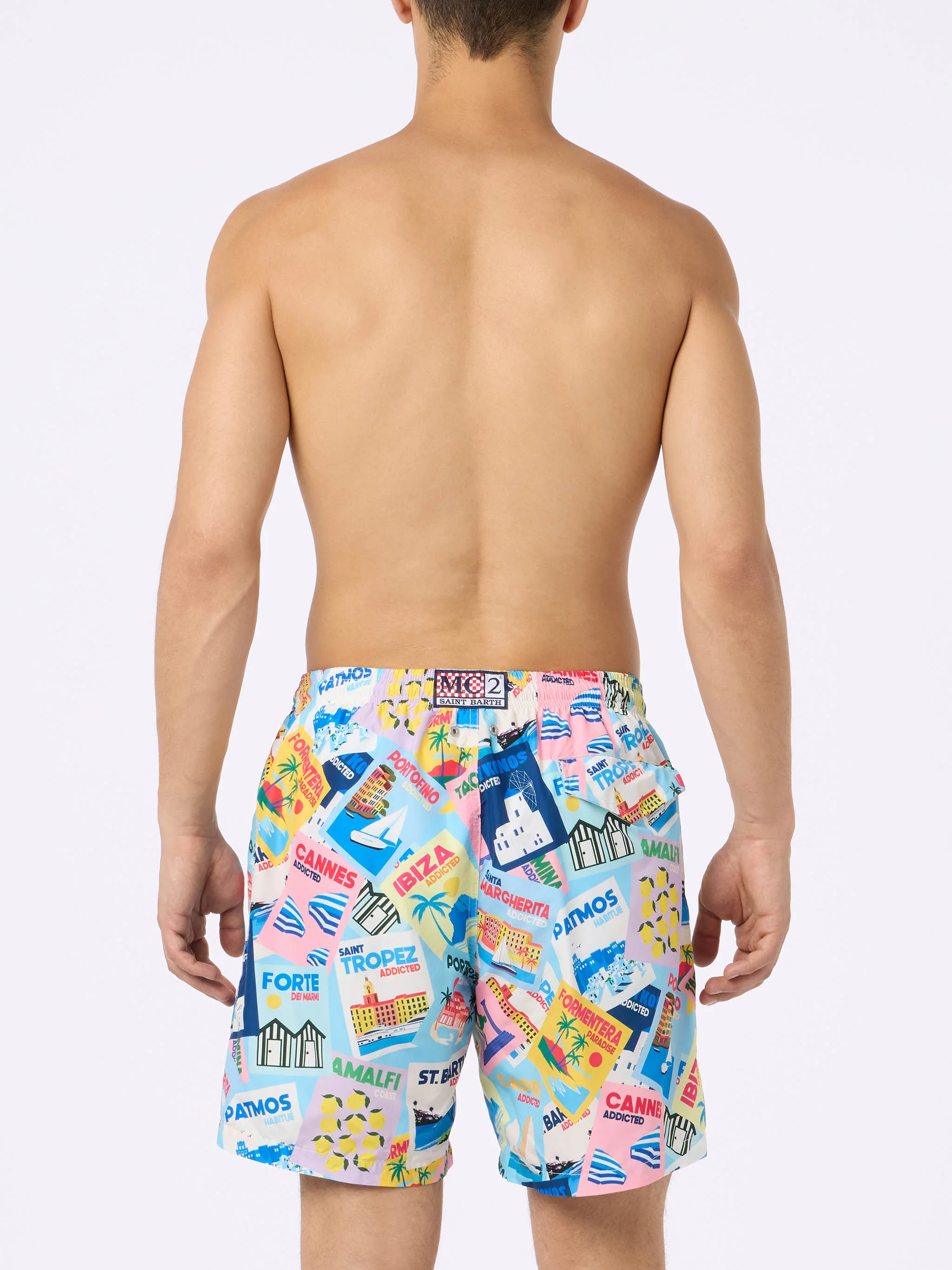 Man Lighting Mid-Length Swim Shorts – Quick-Drying, Postcard All-Over Print, Recycled Polyester, Water Drainage Eyelets | MC2 Saint Barth