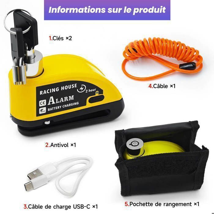 Motorcycle Disc Lock with 110dB Alarm, Reinforced, Waterproof, 1.2m Reminder Cable, 2 Security Keys, 7mm Universal for Motorcycles, Scooters, and Bicycles