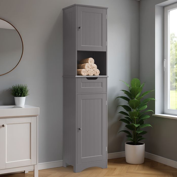 Colonne Salle de Bain - Bealife Meuble Rangement sur Pied - 1 Tiroir - 5 Étagère Réglable - 2 Porte - 40 x 30 x 170 cm - Gris