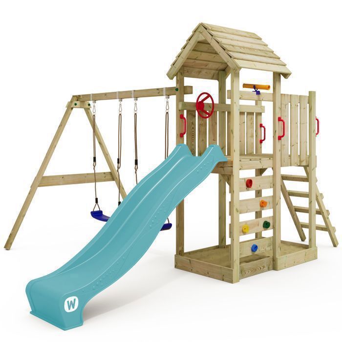Zona de juegos de madera WICKEY MultiFlyer con techo de madera, columpio doble y tobogán de 220 cm, azul pastel – 10 años de garantía*