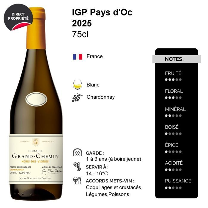 Domaine Grand-Chemin Pays d'Oc Chardonnay Hors des Vignes 2025 - Witte wijn uit Languedoc-Roussillon (6 x 75cl) HVE