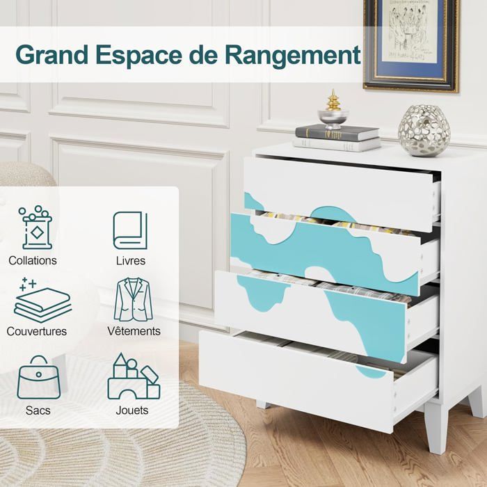 GOOBUY Commode à 4 Tiroirs 60cm, Armoire de Rangement, Grand Espace de Rangement, Motif Vague Irrégulière, 60 x 35 x 82 cm, Blanc