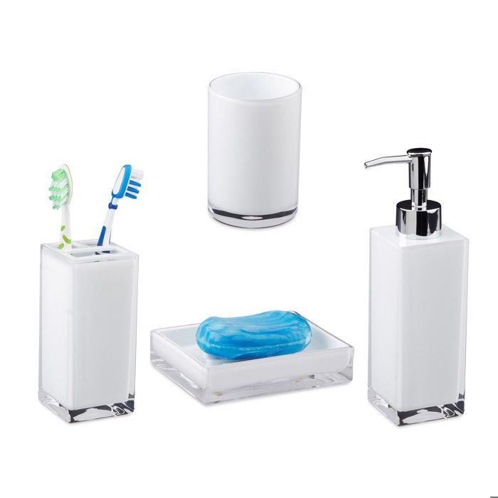 Relaxdays Bathroom Accessories 4-Piece Set: Soap Dispenser, Tumbler, Toothbrush Holder, Plastic Soap Dish, White