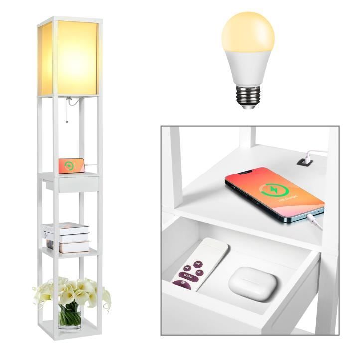 Living room floor lamp in wood with 3 shelves + light bulb + drawer + USB charging ports, white, 1.6m