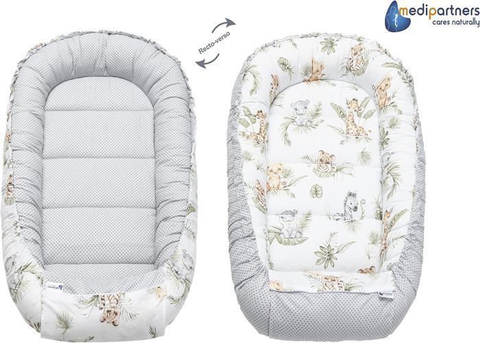 Medi Partners Baby Bed Reducer 100% Cotton Newborn Baby Nest with Removable Insert 100x60x15 cm Safari with Minky Beige