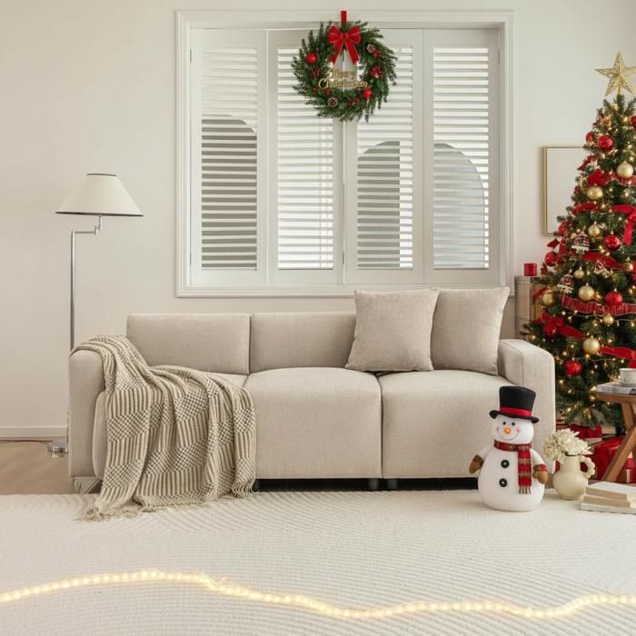 Modern design straight sofa, 3-seater upholstered furniture with decorative cushions, beige living room sofa