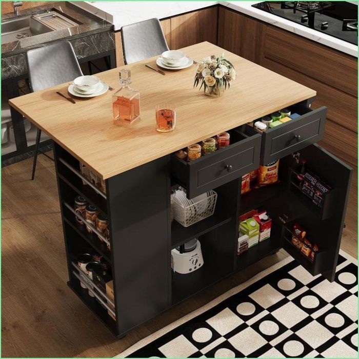 Kitchen Island & Multifunctional Cart - Wine Glass Storage, Snacks, Adjustable Dividers - Black