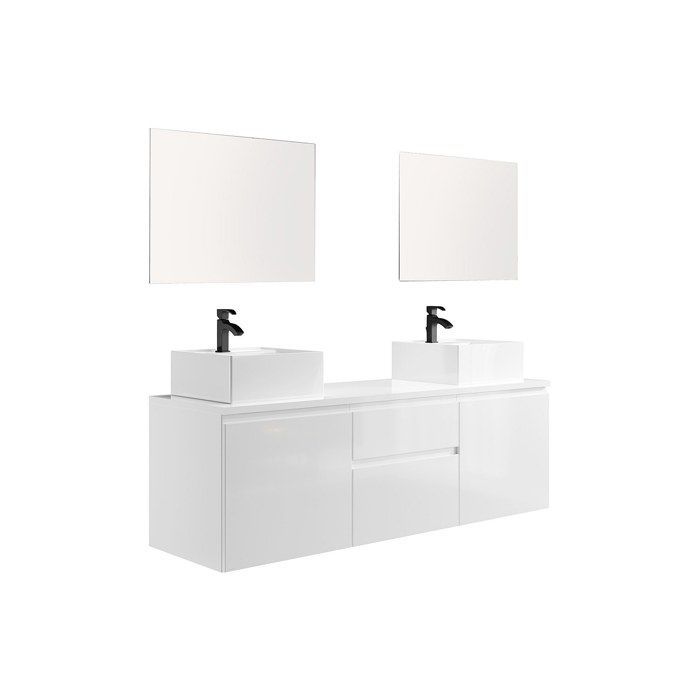 Móvel de banheiro suspenso com pia dupla e espelhos - Branco - 150 cm - JIMENA II