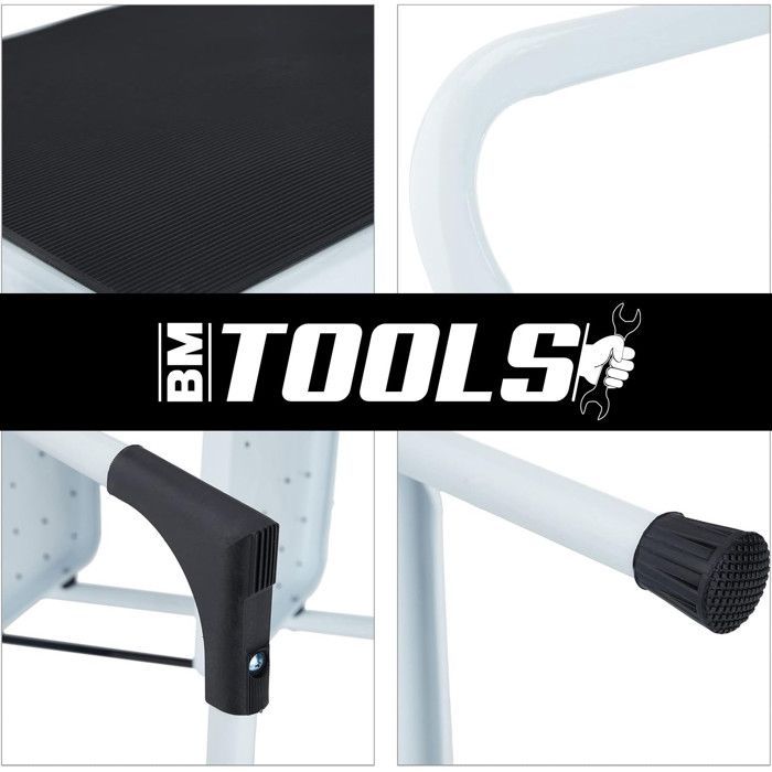 Scala a 2 gradini BM TOOLS BMT-ESC2-ACC, altezza di lavoro 47 cm, facile da riporre, gradini antiscivolo, robusta e durevole.