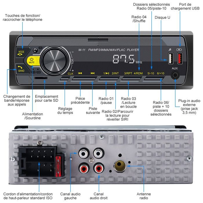 Radio para coche Bluetooth de 1 DIN, radio estéreo de 7 colores con asistente de voz + aplicación, radio para coche Bluetooth 5.0 / MP3/WMA/WAV/FLAC/APE