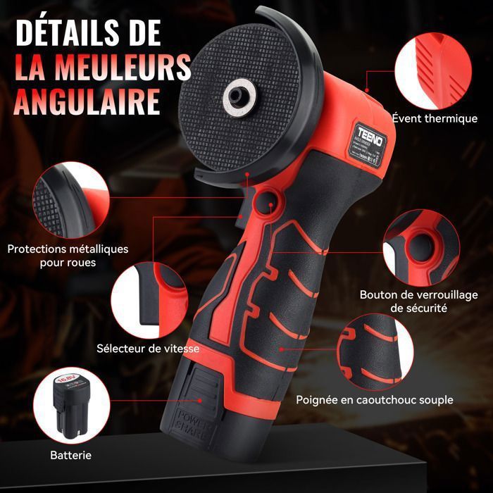 Meuleuse d'angle sans fil -  TEENO - 19 500 tr/min - Disque 76 mm - 2x2000 mAh