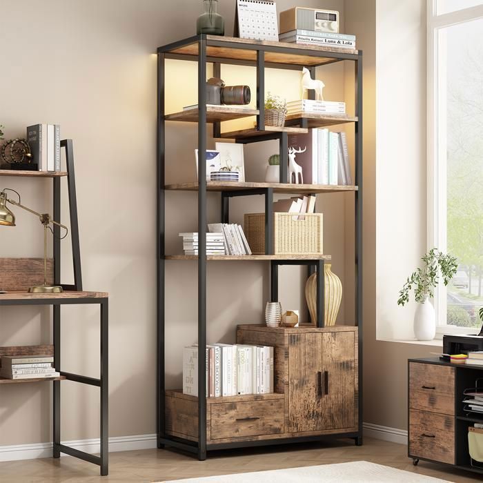 6-Tier Bookshelf - NHHF - LED Lighting - Storage Unit with Drawer and 2 Doors - Metal Frame - Brown and Black